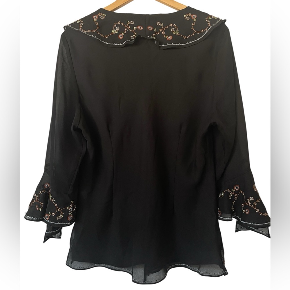 Dressbarn Black Blouse with Floral Embroidery & Ruffle Sleeve 14/16 - Picture 2 of 16